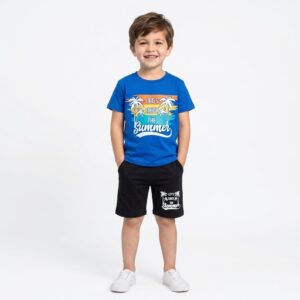 Boys' Summer Graphic Outfit Set | Blue Palm Tree Tee & Black
