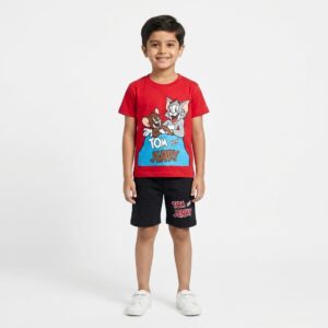 Boys' Cartoon Graphic Outfit Set | Tom & Jerry Red Tee and Black Shorts Pack